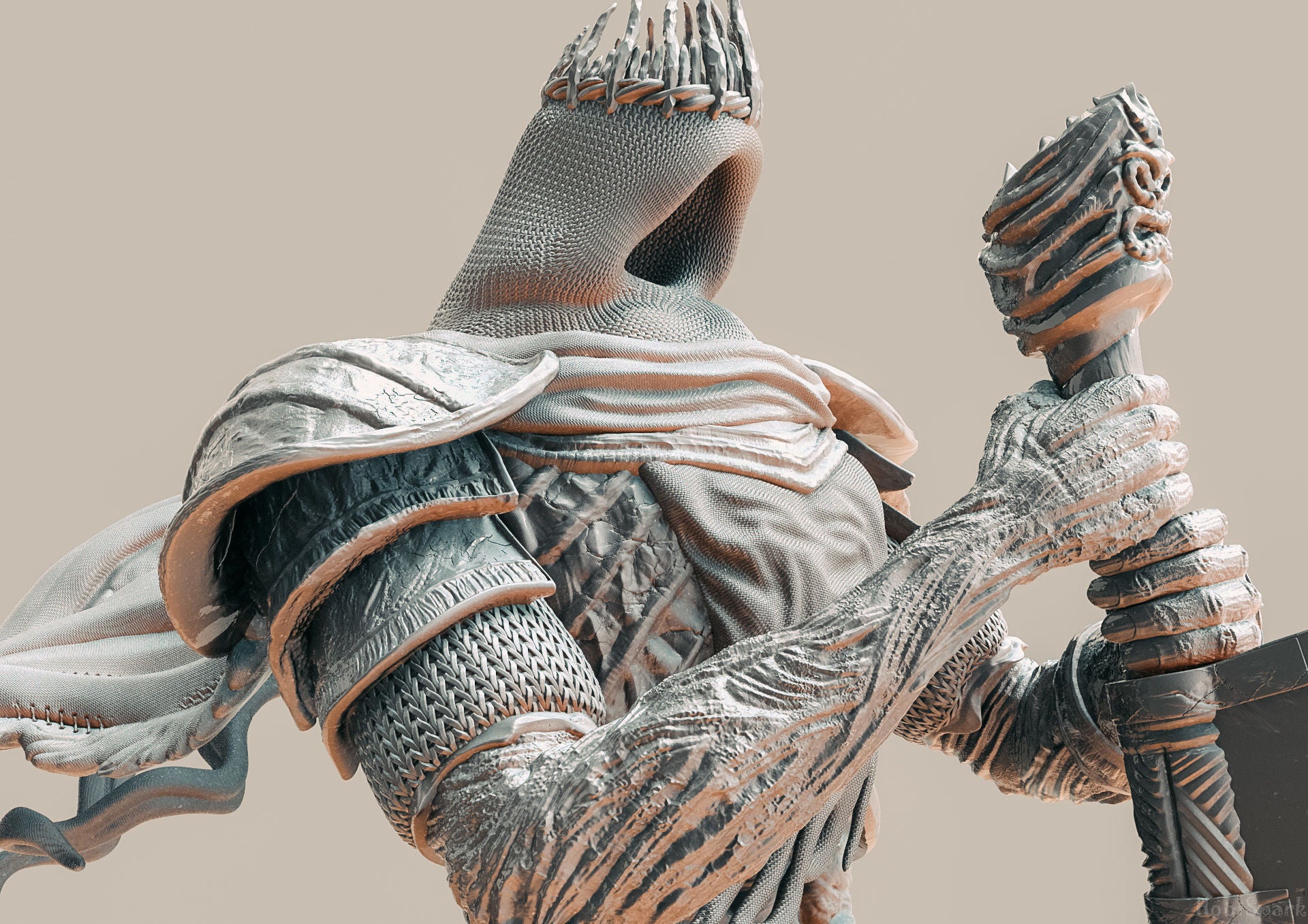 Close-up of a detailed armor suit with a sword on a beige background