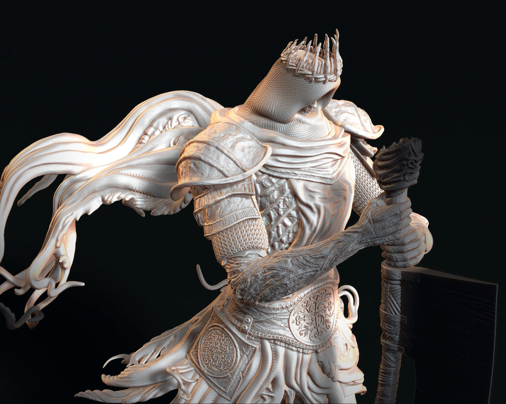 Detailed armor sculpture with a spear on a black background