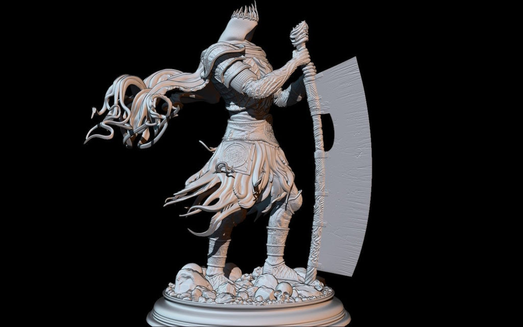 White warrior figurine with a large axe on a black background