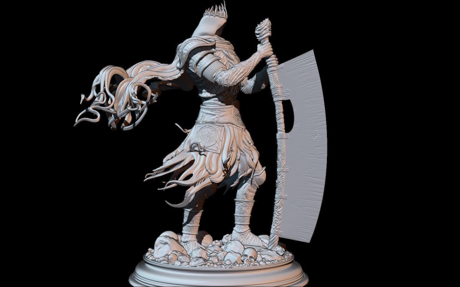 White warrior figurine with a large axe on a black background