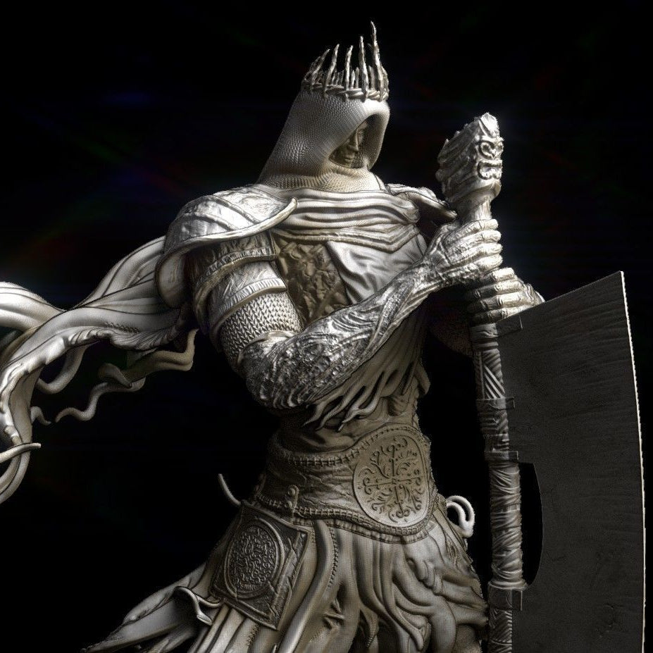 Statue of a warrior in detailed armor holding a weapon and shield against a dark background