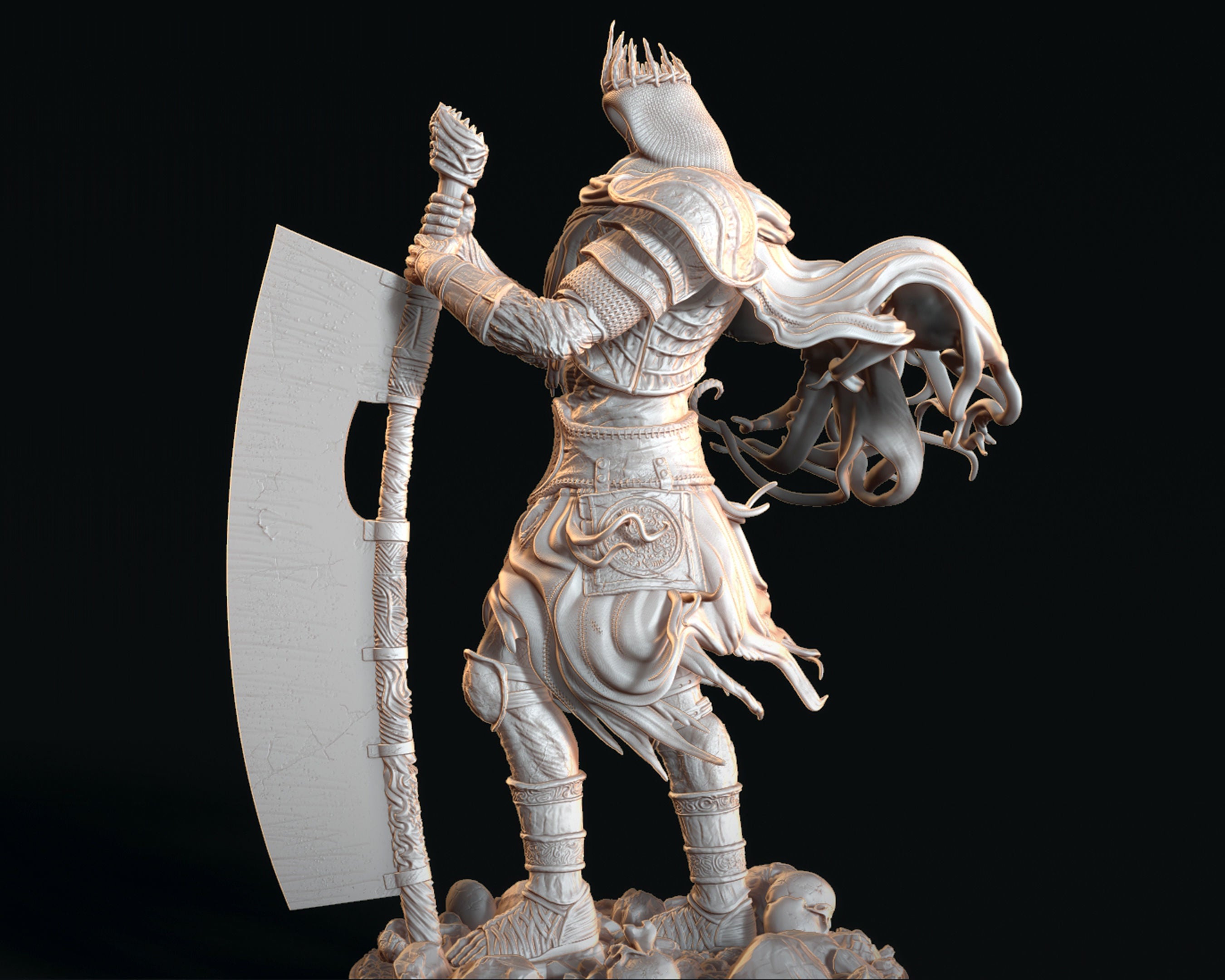 Decorative figurine of a warrior holding a shield and axe on a black background