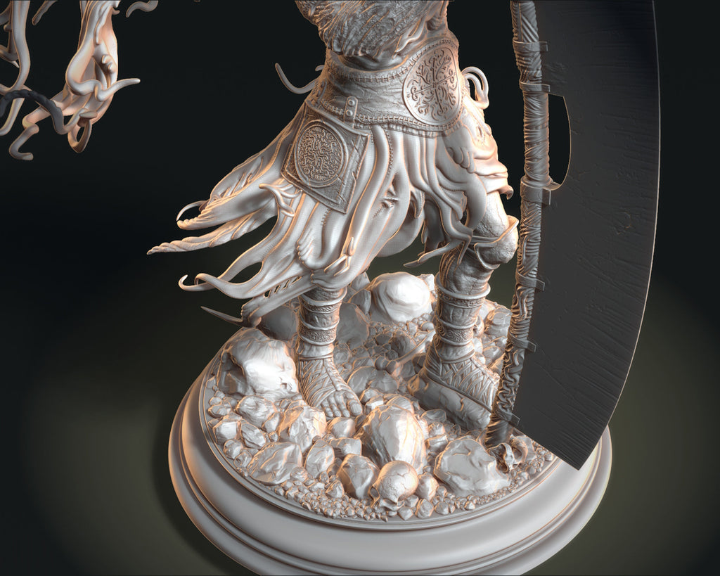 Detailed sculpture of a warrior on a dark background