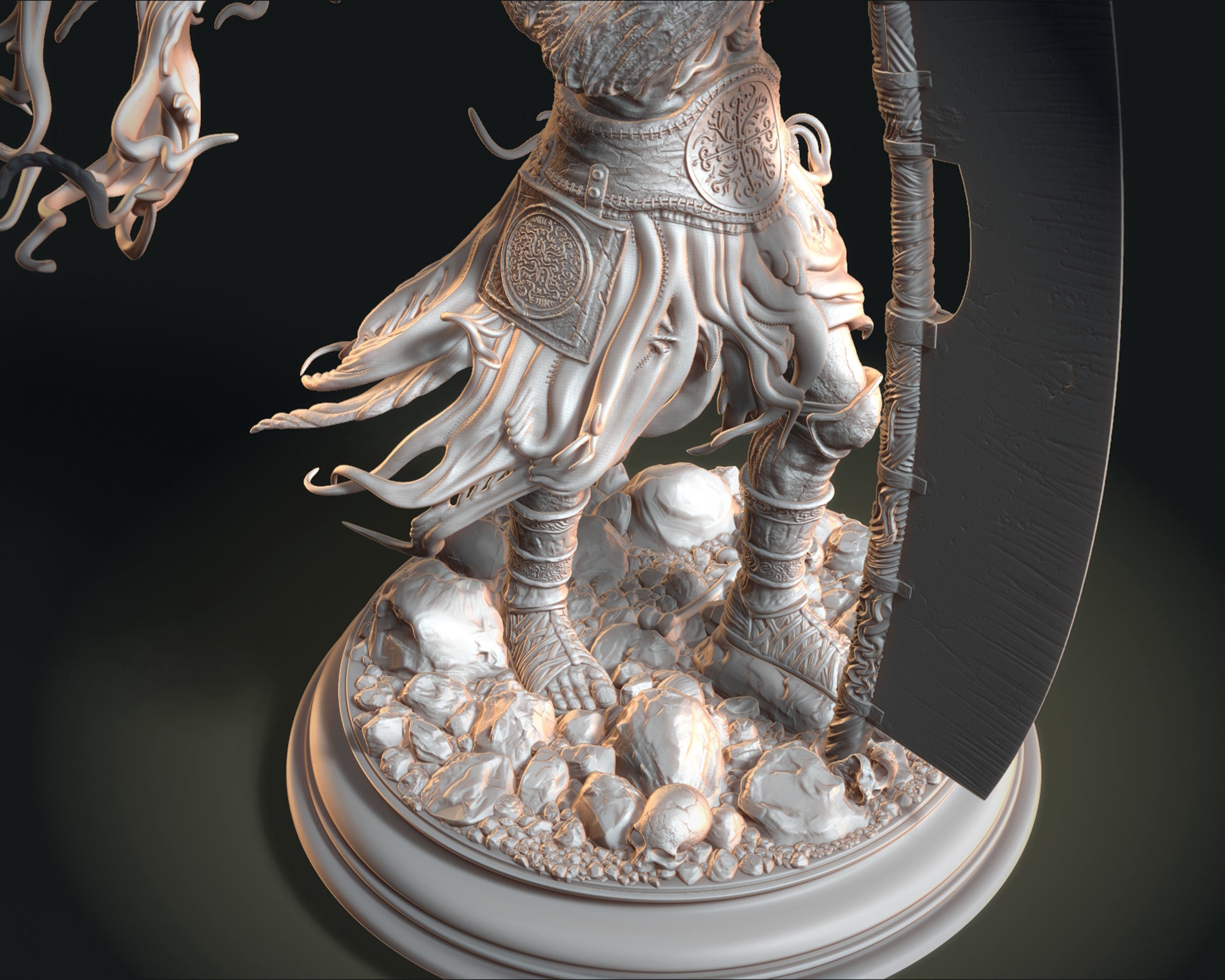Detailed sculpture of a warrior on a dark background