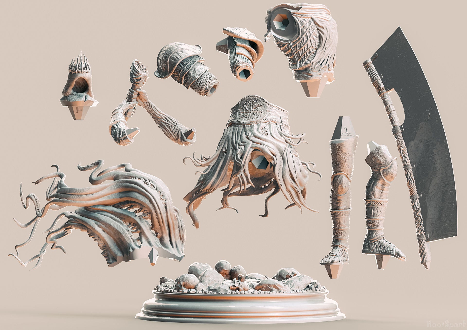 Collection of intricately designed sculptures on a neutral background