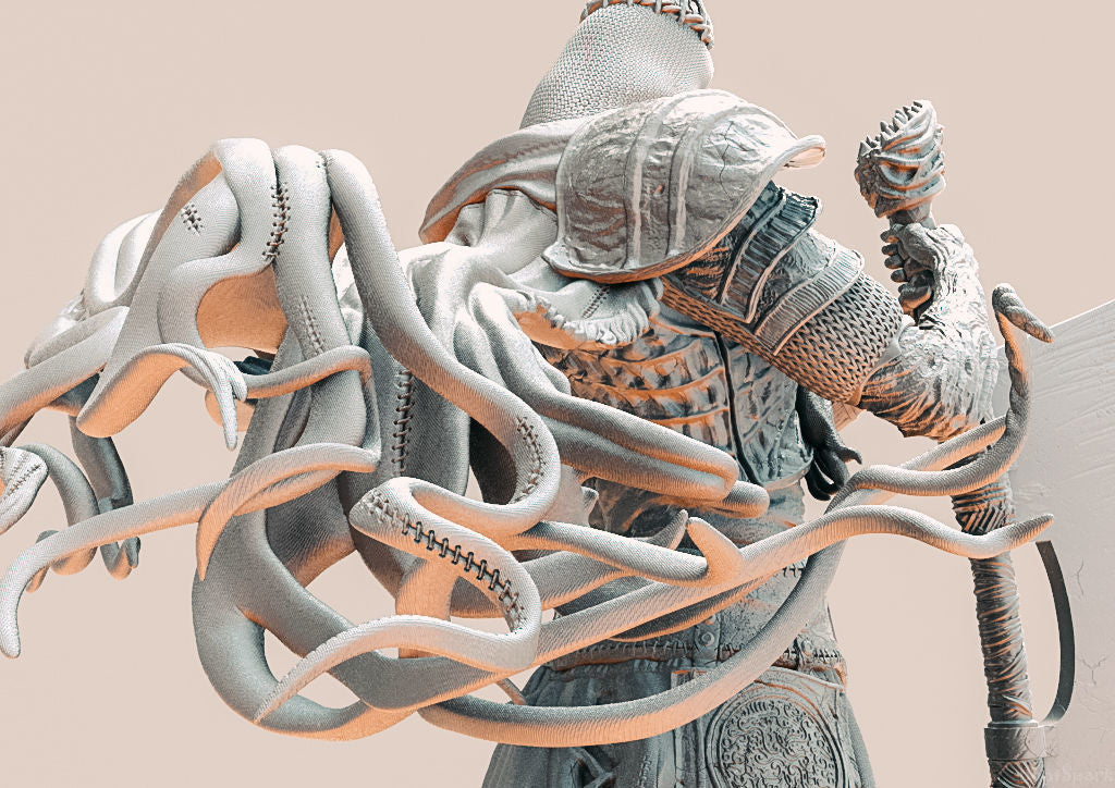 Person in detailed armor with tentacle-like appendages on a beige background
